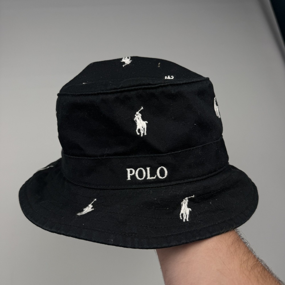 Polo Ralph Lauren Hat Bucket One Size Black Embroidered Pony Logo Cotton Mens